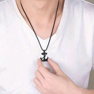 💕5/$18 Nordic-inspired geometri. Black Anchor Pendant Necklace